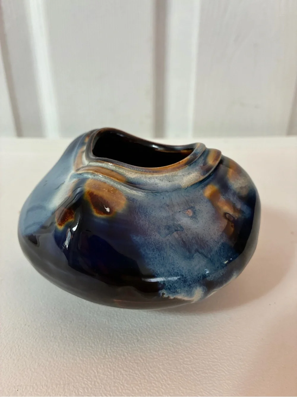 Vintage Studio Pottery Flower Frog Ikebana Vase Blue Drip Glaze Artist Signed